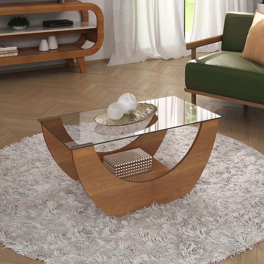 Mesa Centro com de Vidro Temperado Tampo em MDF Onda Marrom Cinamomo Cinamomo