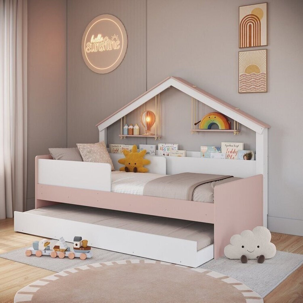 Cama Infantil Moldura Casinha para Colchão 0,88 x 1,88 Cor Branco com Rosa com Cama Auxiliar