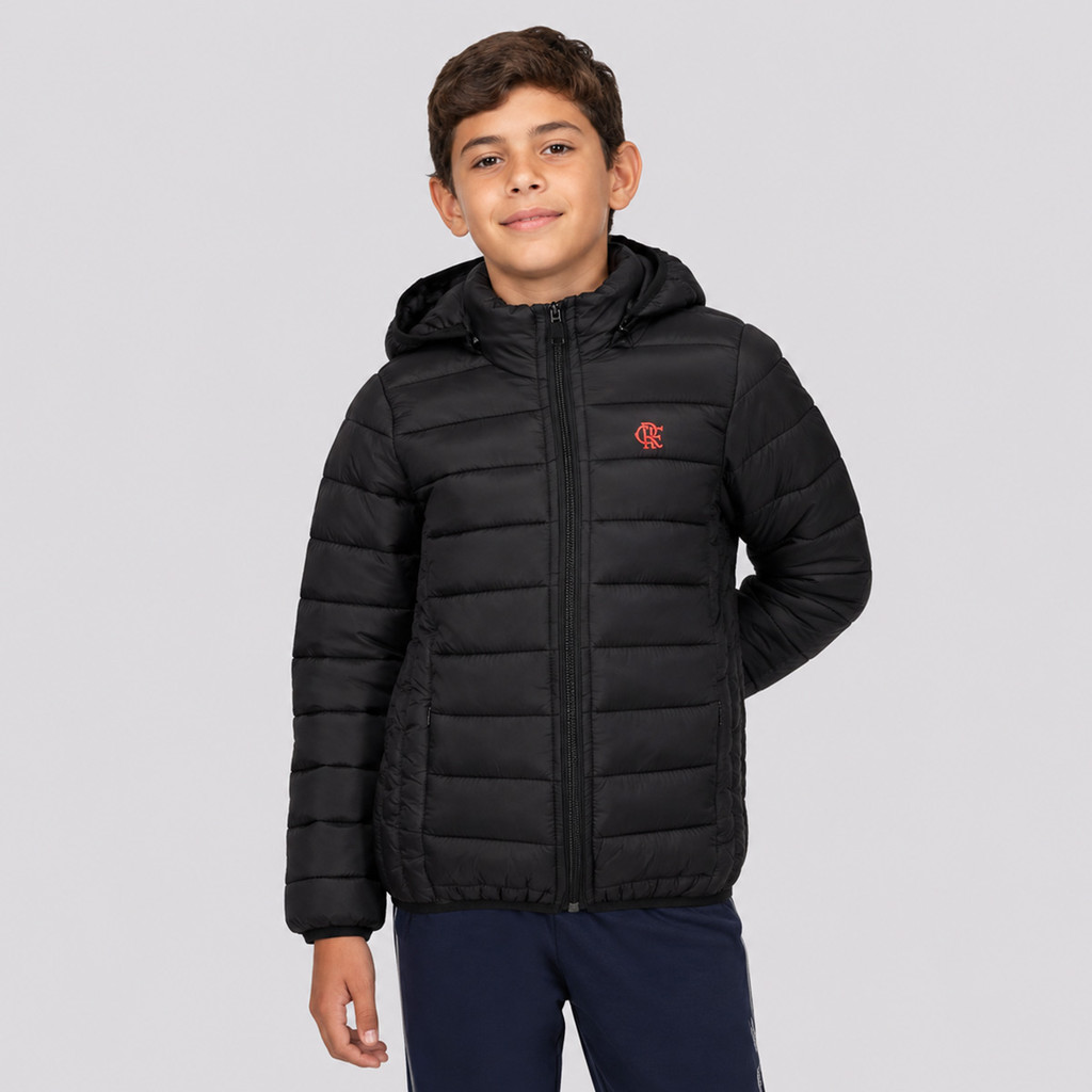 Jaqueta Puffer Flamengo Juvenil Preta