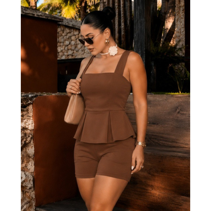 Conjunto Iris Feminino Alfaiataria Blusa Babado Alcinha com Zíper Short Curto Cintura Alta Social Elegante Moda Verão