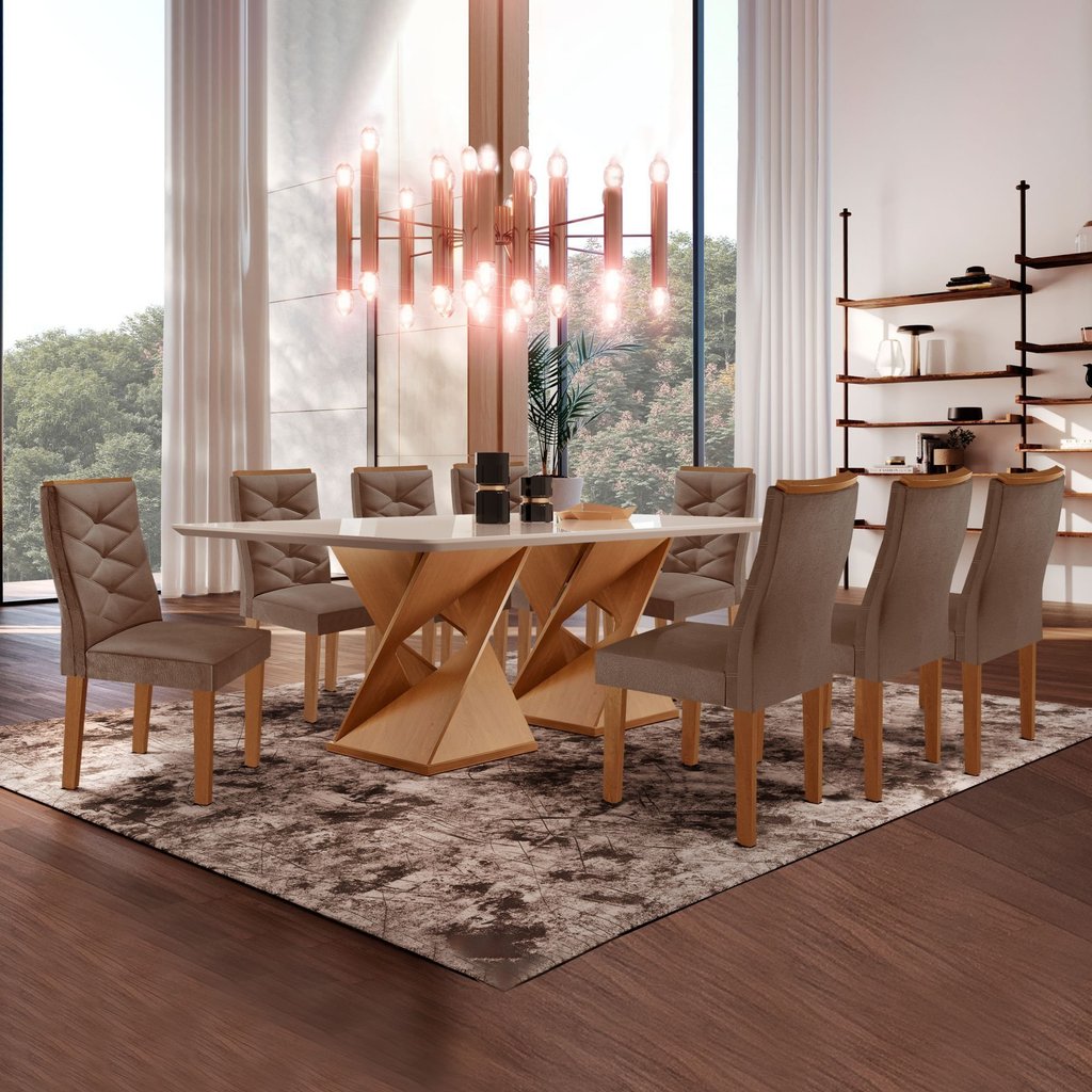 Conjunto Mesa com Vidro e 8 Cadeiras 200CMX90CM Barcelona Yescasa Cinamomo/Off White/Suede Animale Cinamomo/Off