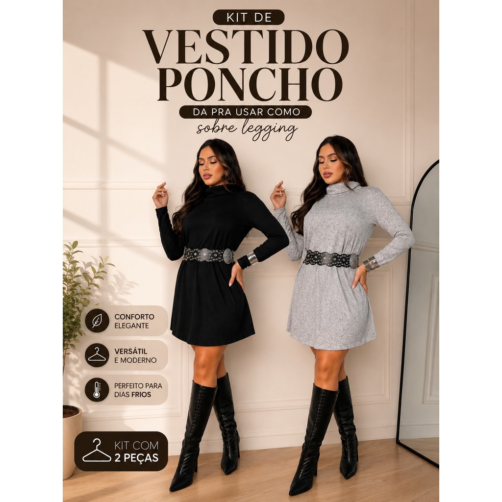 Kit 2 Vestido Poncho Feminino Cacharrel Lanzinha Gola Alta Manga Longa Blusão Inverno