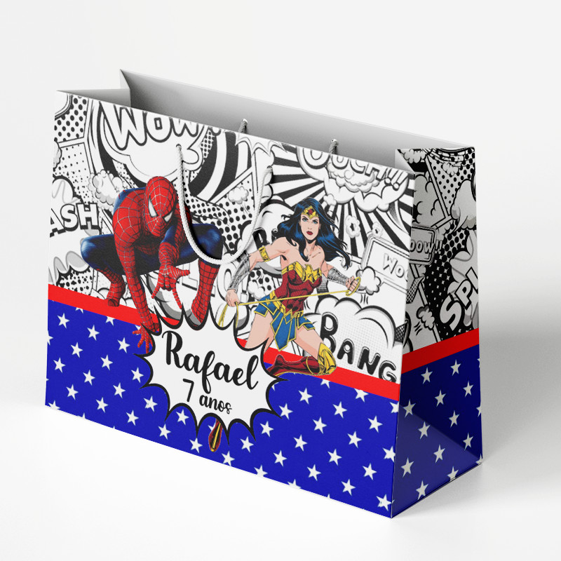 Sacolinha Sacola Personalizada | Chá de bebe | Lembrancinha Homem aranha e mulher maravilha
