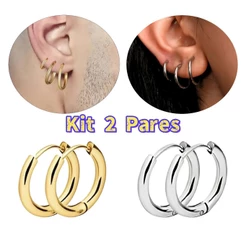 Kit 2 Pares de Argolinhas em Aço Inoxidável – Diâmetro Interno 8mm / 10mm / 12mm – Unissex