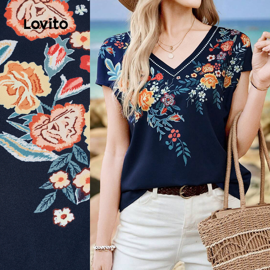 (New) Lovito Camisa Casual de Estilo Nacional Primavera/verão T-shirt Azul para Mulheres L150ED444