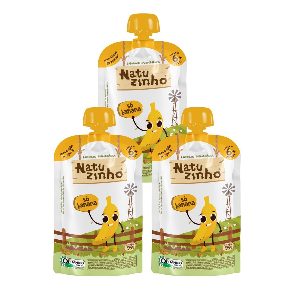Kit Papinha Organica Natuzinho Banana Bebe 3 unidades
