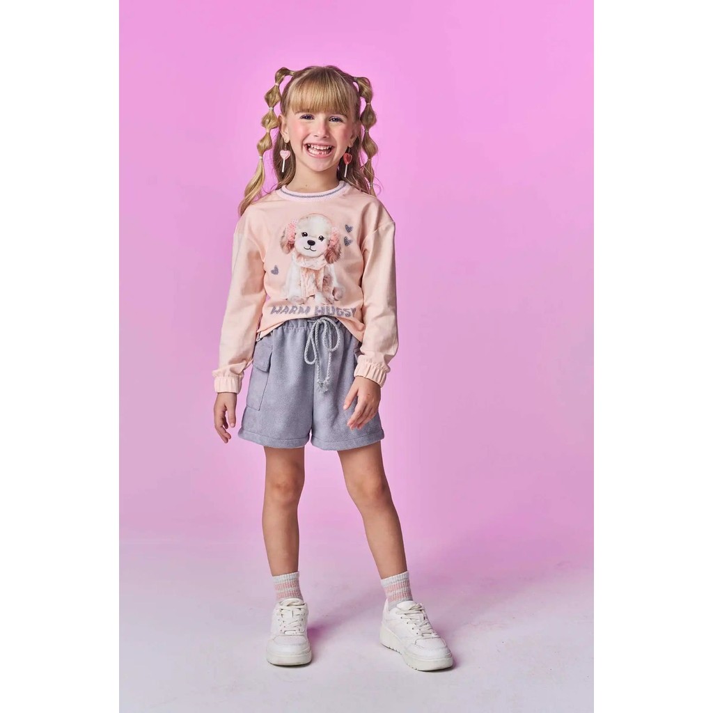 Conjunto Infantil Menina Blusa Boxy em Cotton e Shorts em Suede Sarjado-INFANTI