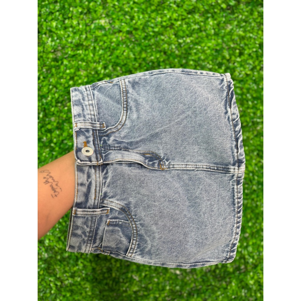 Saia Jeans Marmorizada Cintura Alta Com Barra  | Curta | 100% algodão - Sem Elastano em Oferta na Shopee