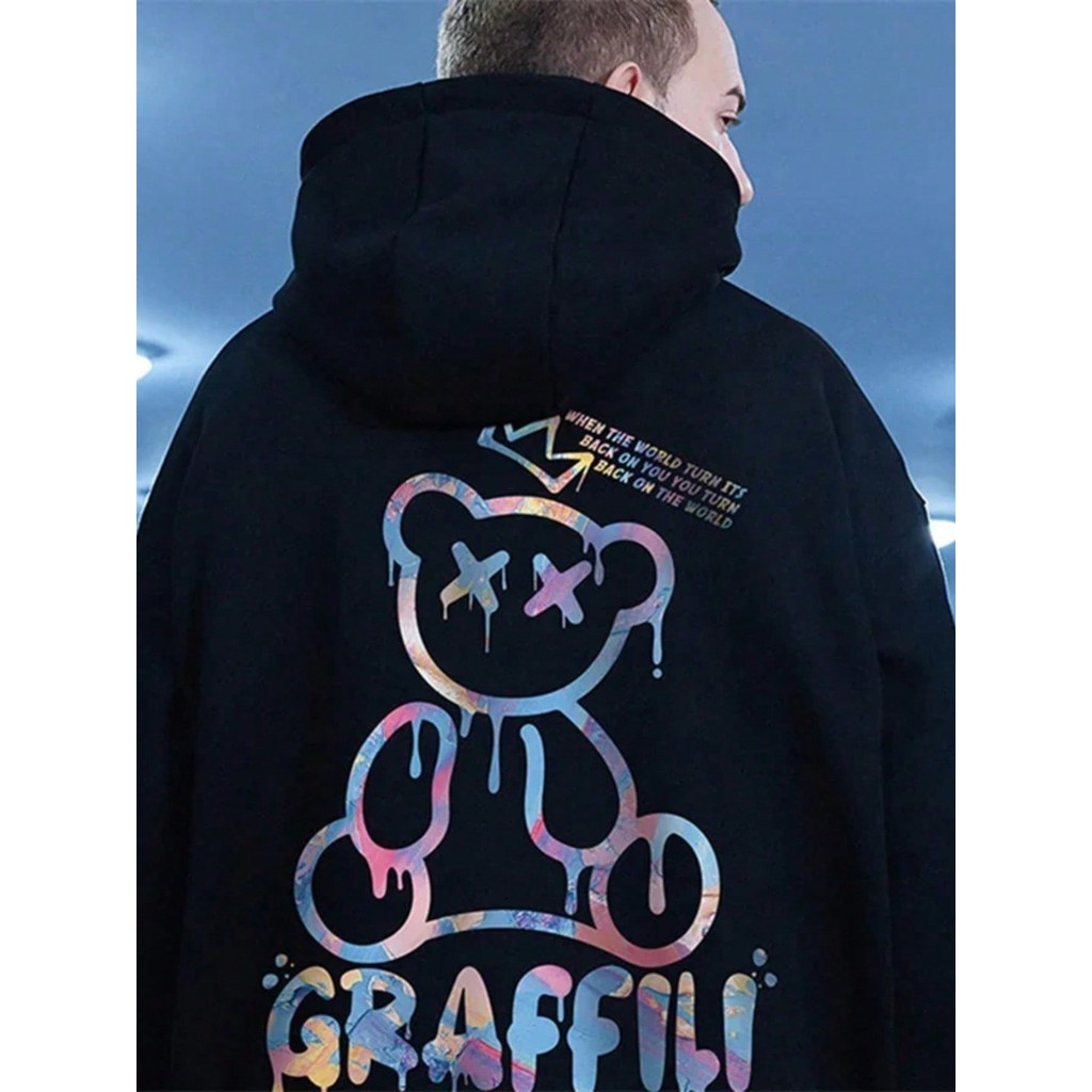 Moletom Canguru Blusa Flanelada  Moletom Frio Algodão Estampado Urso Grafiti, unissex
