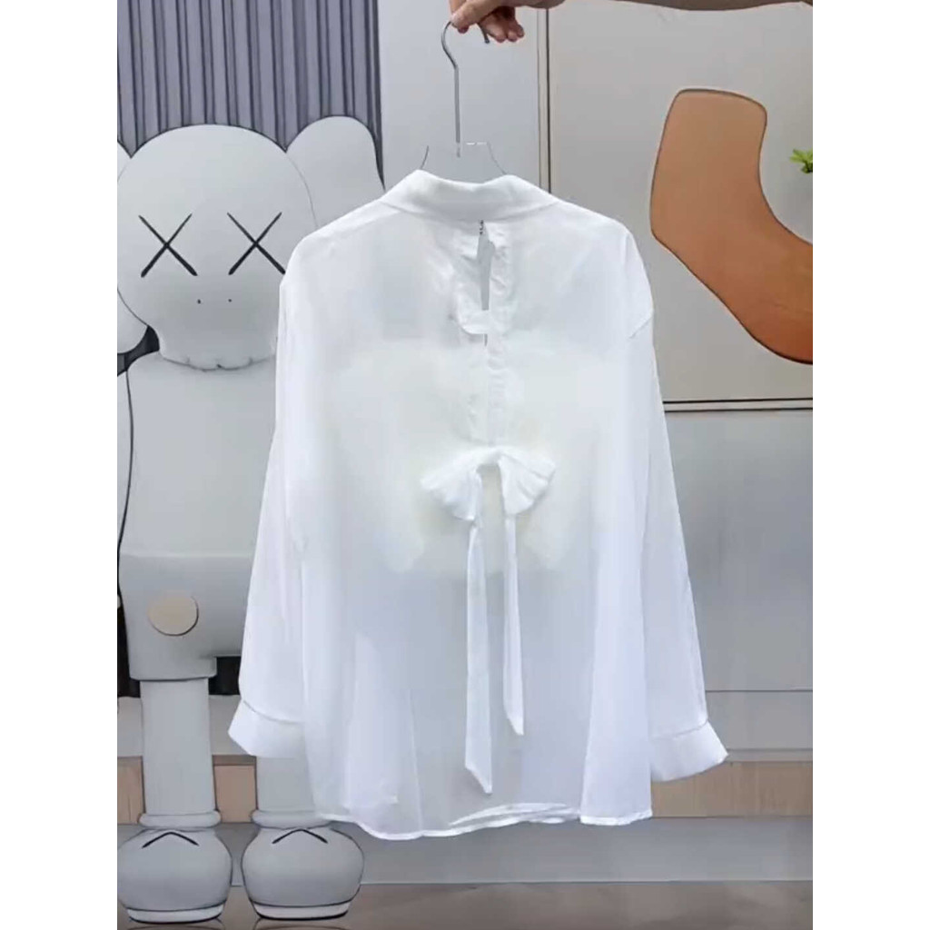 2026 verão Design volta arco pérola Chiffon camisa feminina gola POLO manga longa estilo fino camisa protetor solar