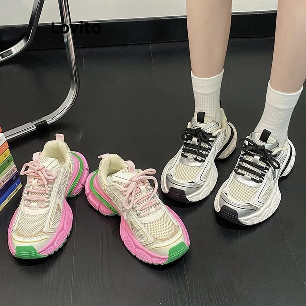 Lovito Esporte simples na moda pai sapatos cores contrastantes tênis para mulher LFA74267 em Oferta na Shopee