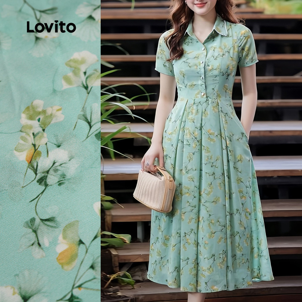 (NEW) Lovito Vestido Elegante de Flores Plissado Simples para Primavera/verão para Mulheres L155ED693 em Oferta na Shopee