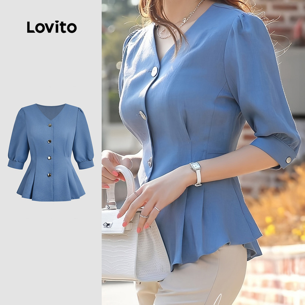 (NEW) Lovito Blusa Casual de Primavera/verão Blusa Plissada Azul para mulheres L155AD096 em Oferta na Shopee