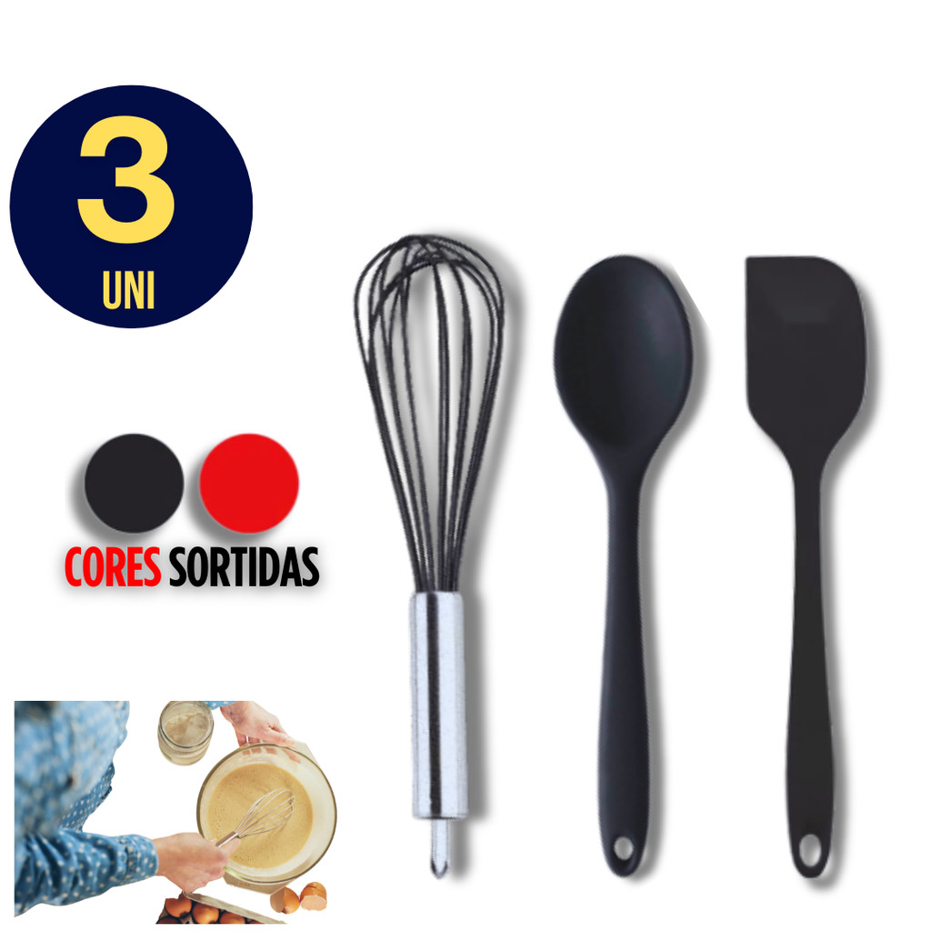 Kit 3 Utensílios de Cozinha em Silicone – Colher Espátula Pão Duro Fuê Confeitaria Antiaderente
