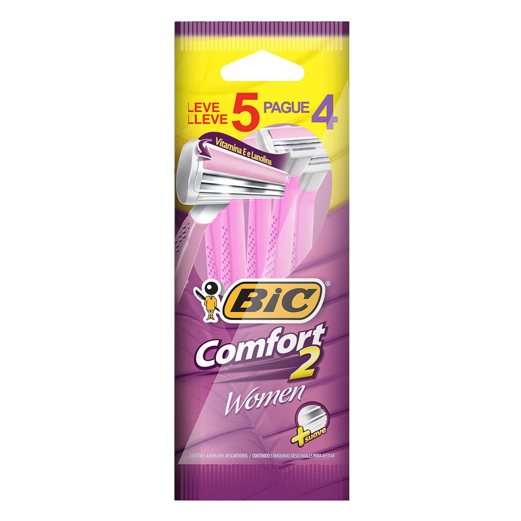 Barbeador descartável Confort2 Women Rosa 5 unidades Bic em Oferta na Shopee