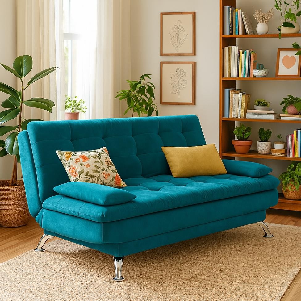 Sofá-Cama Casal 3 Lugares Premium A2 Suede Azul Turquesa