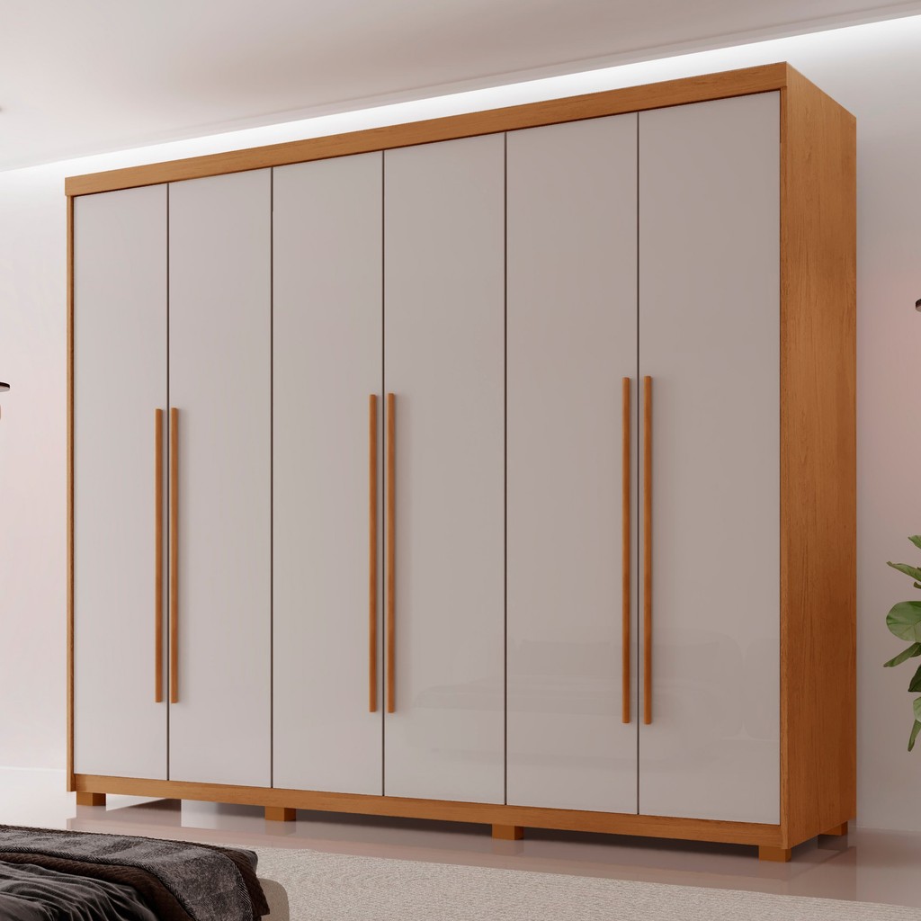 Guarda Roupa Casal 6 Portas 2 Gavetas com Pés MDF Veracruz Naturalle/Off White em Oferta na Shopee