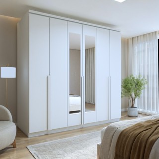 Guarda-Roupa Casal com Espelho 6 Portas 4 Gavetas Alonzo 100% MDF Branco em Oferta na Shopee