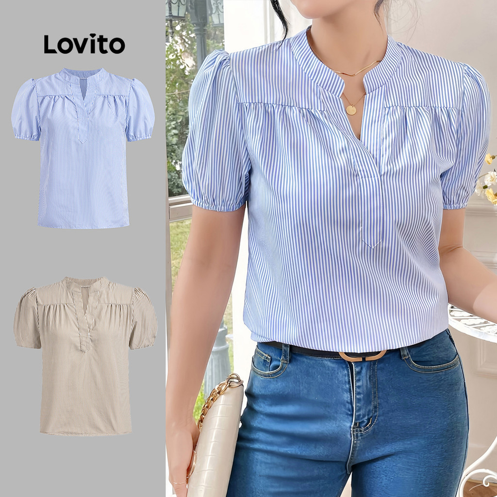 Lovito Blusa Casual listrada estampada plissada para mulheres L132ED269