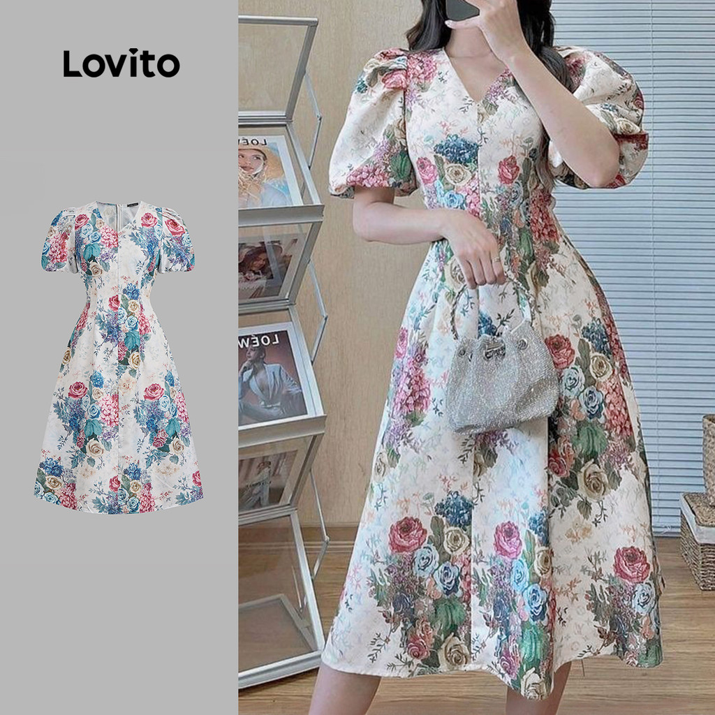 Lovito Vestido Vintage Estampado Plissado Primavera/Verão Vestido Multicolorido Para Mulheres L135ED365 em Oferta na Shopee