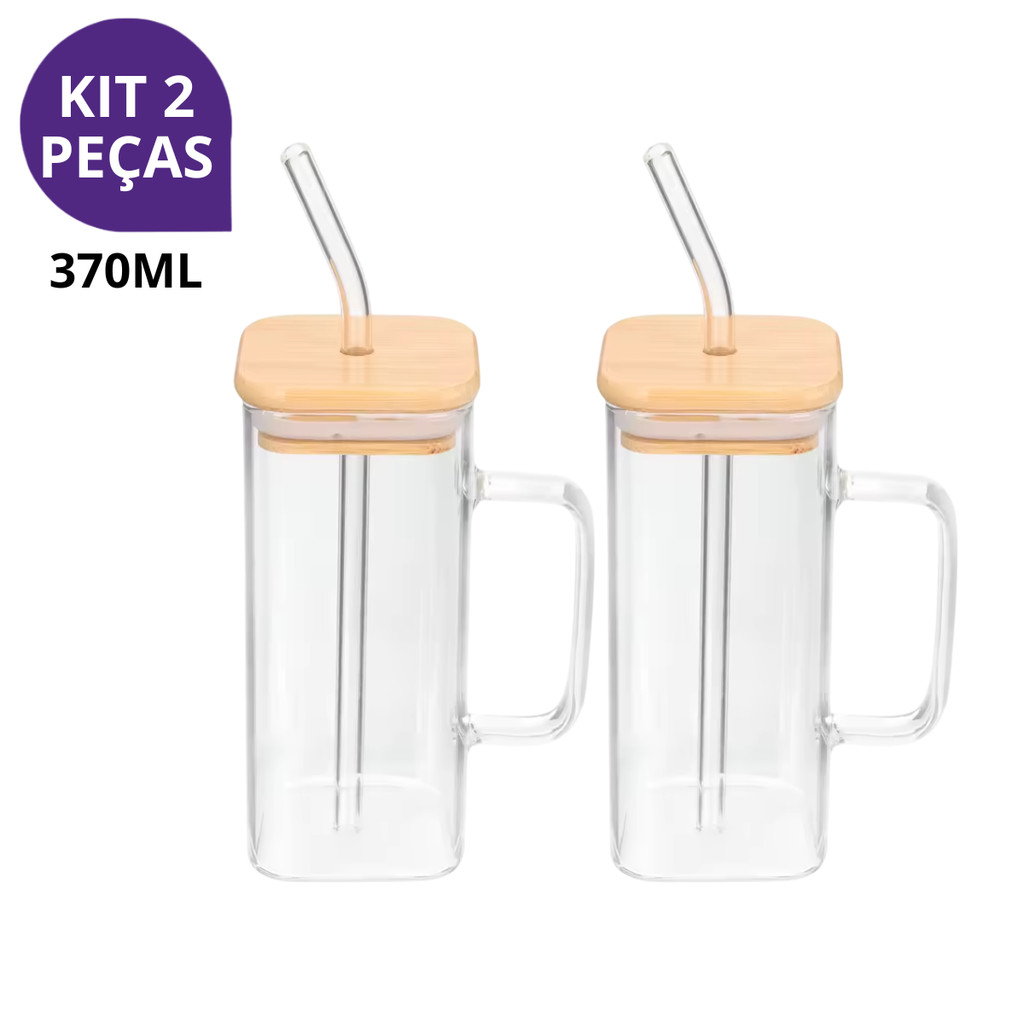 Kit 2 Copos Canecas Diferenciadas de Vidro com Tampa de Bambu e Canudo de Vidro 370ml