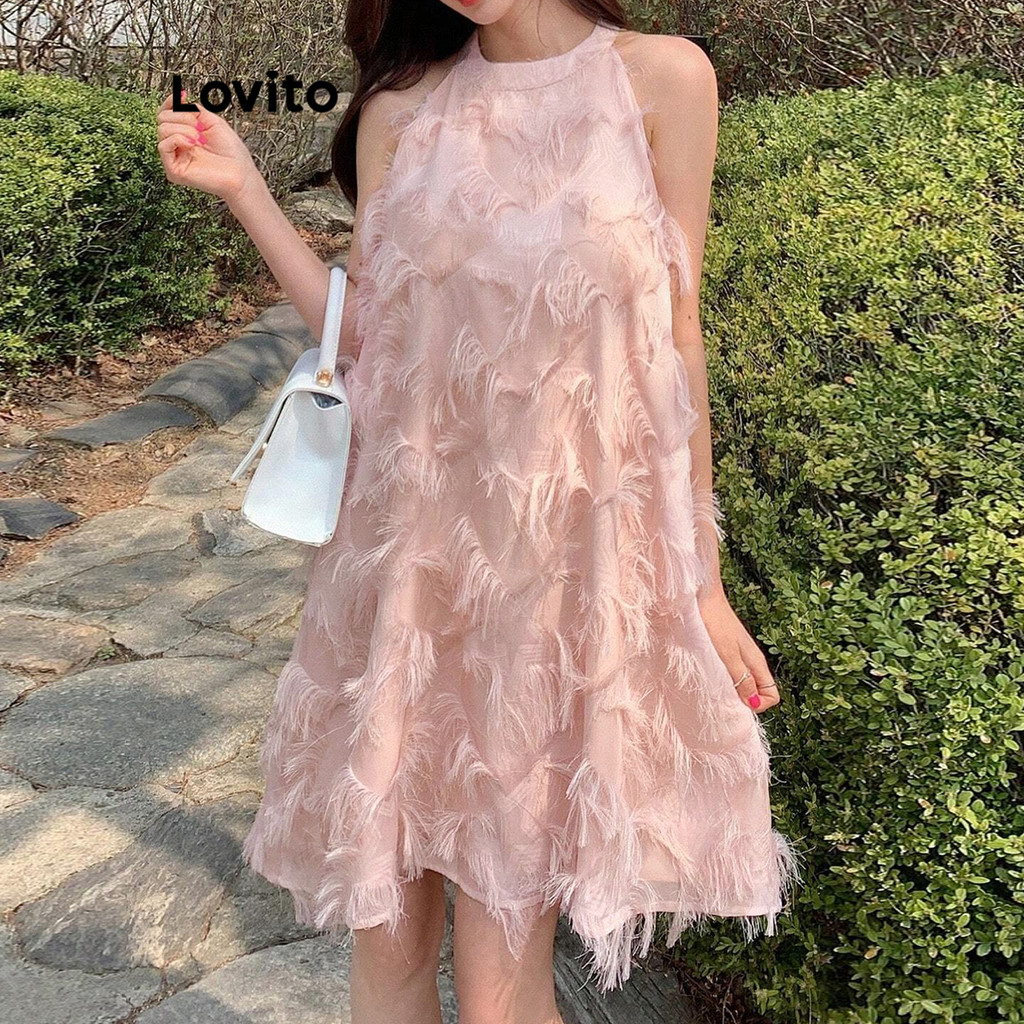 Detalhes do Lovito Refine Vestido Casual Feminino Com Franjas Lisas L106AD483