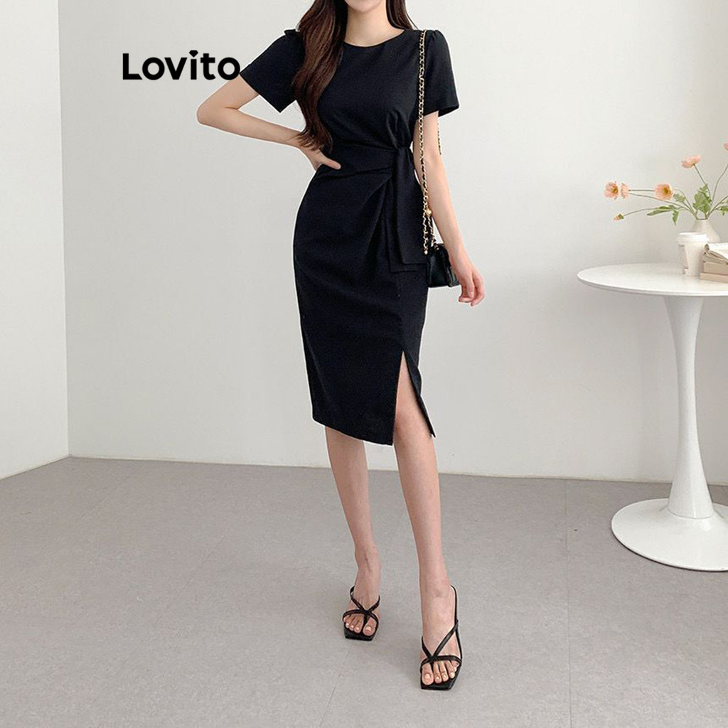 Detalhes do Lovito Vestido Casual Liso Com Nó Frontal Dividido Para Mulheres L80ED307 (Multicolorido)