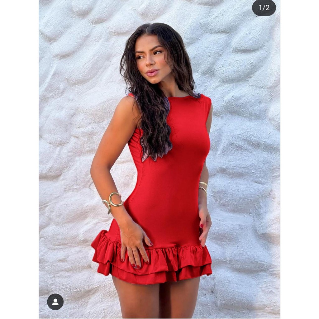 Mini Vestido Femino Curto com Babado Costas Nua No Suplex Moda Verão 2025 em Oferta na Shopee