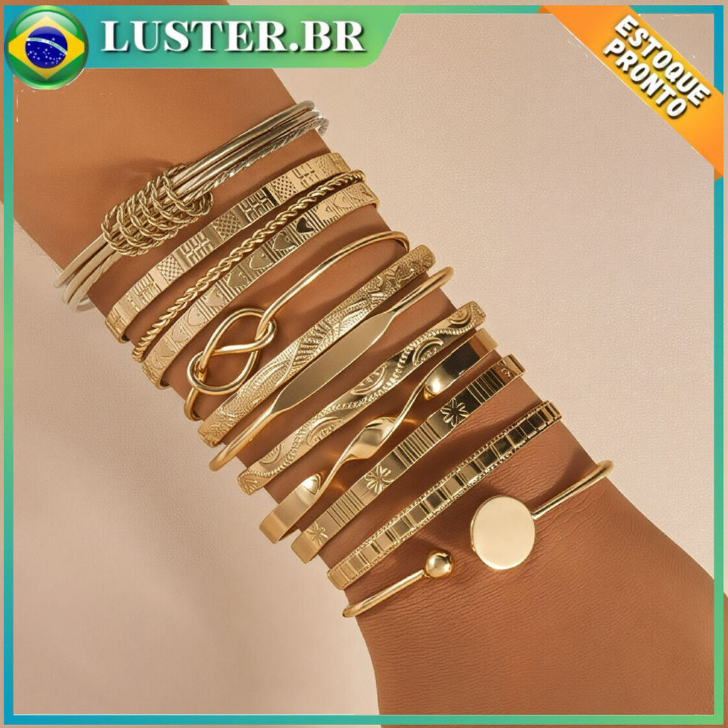 12/7/5 Peças Conjunto de Pulseiras Metálicas Amplas,, Desenho Geométrico Ondulado Multicamadas, Presente em Oferta na Shopee