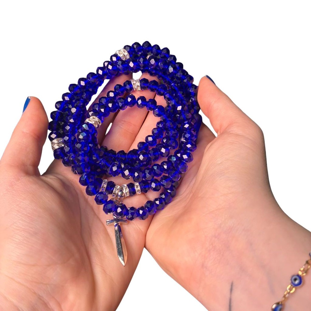 Guia Ogum Cristal 8mm Azul 60cm Umbanda com Firma e Pingente