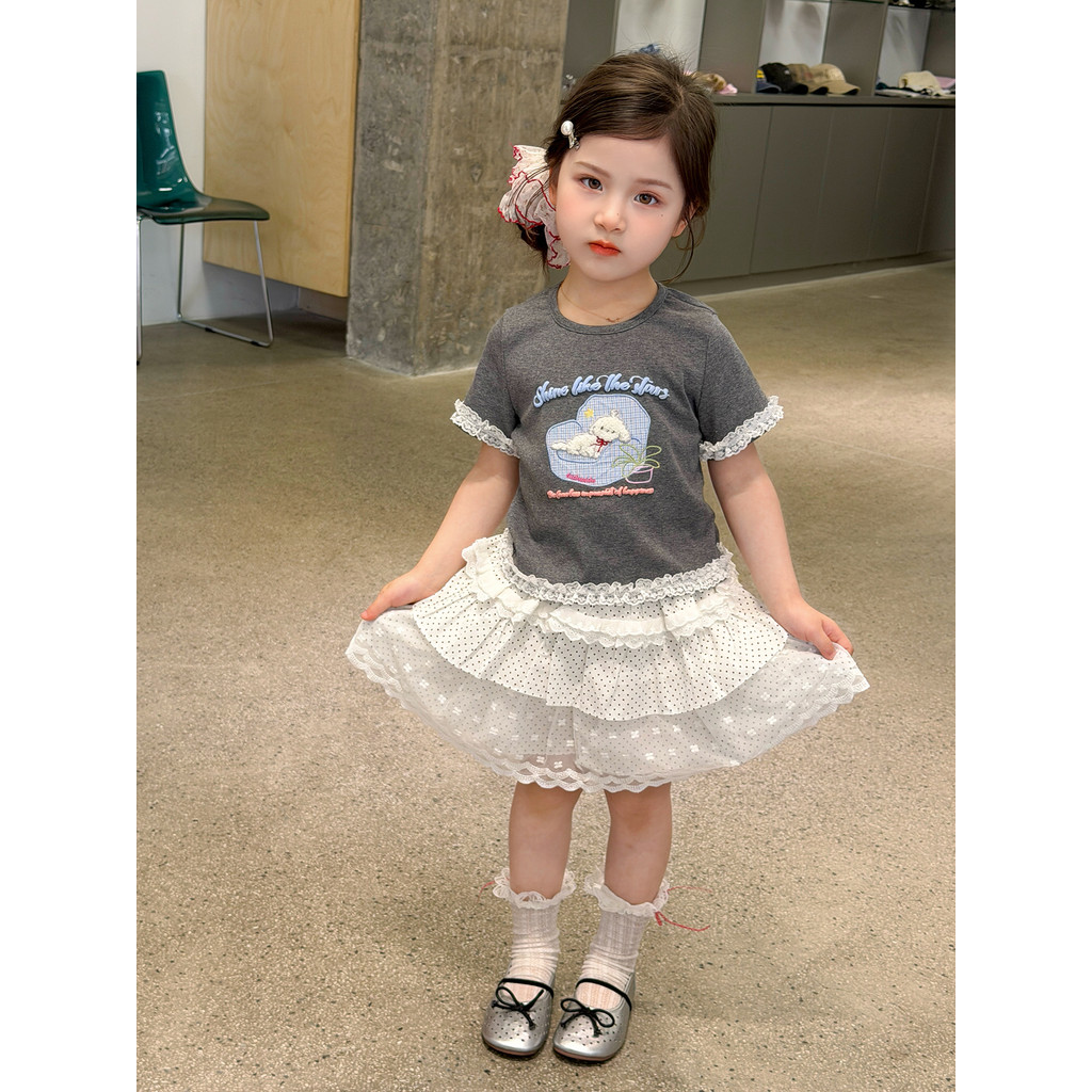 Meninas bordadas de manga curta camiseta terno menina bolinhas saia de renda terno bebê menina verão moda na moda