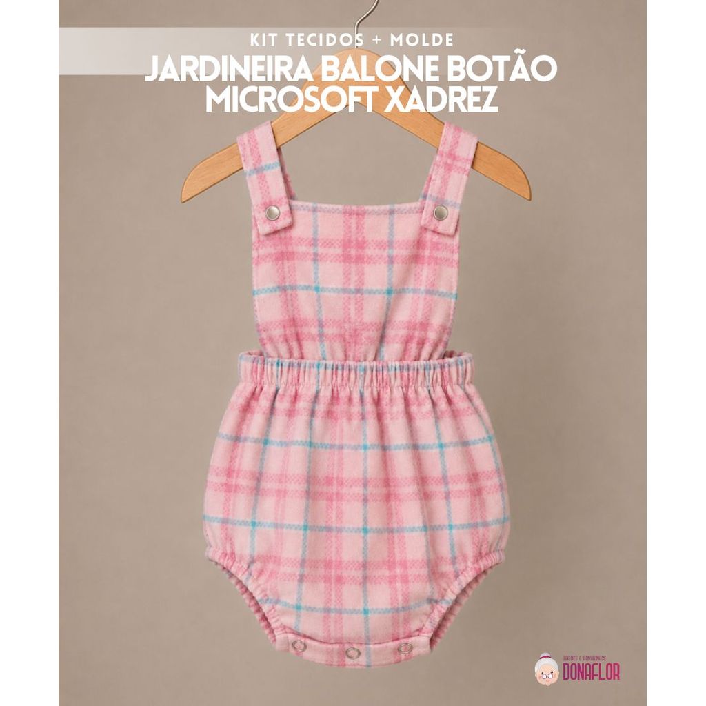 KIT  JARDINEIRA BALONE BOTÃO MICROSOFT XADREZ ROSA - MOLDE & TECIDOS