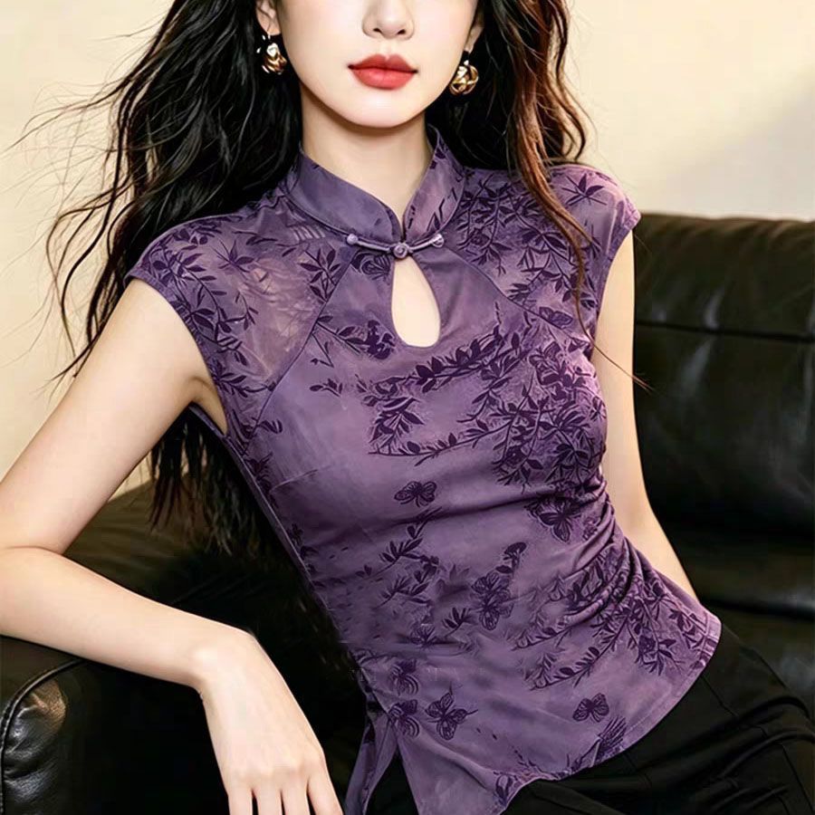 Camisa roxa elegante de gaze de manga curta Jacquard Cheongsam camisa de renda com aparência mais fina
