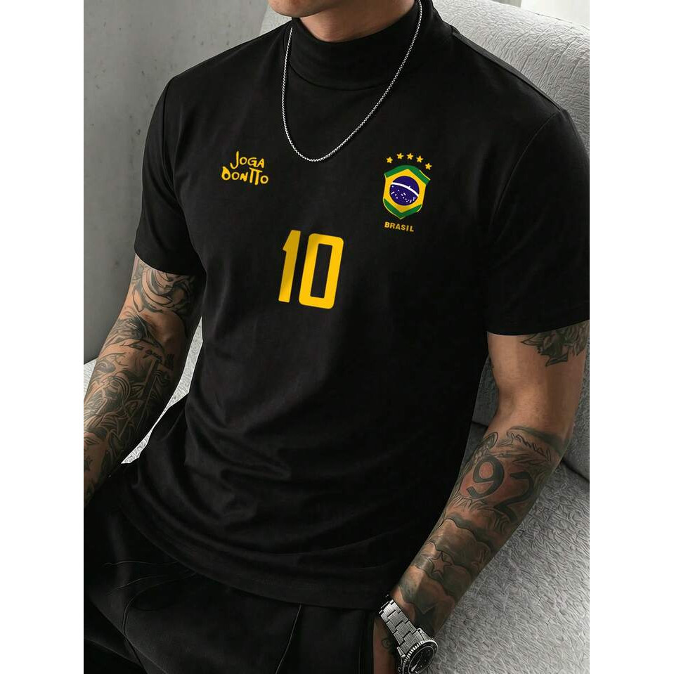 Camiseta Masculina Feminina Oversized Estampa Escudo Brasil 10 Amarelo T-shirt Streetwear Camiseta Preta Casual Futebol