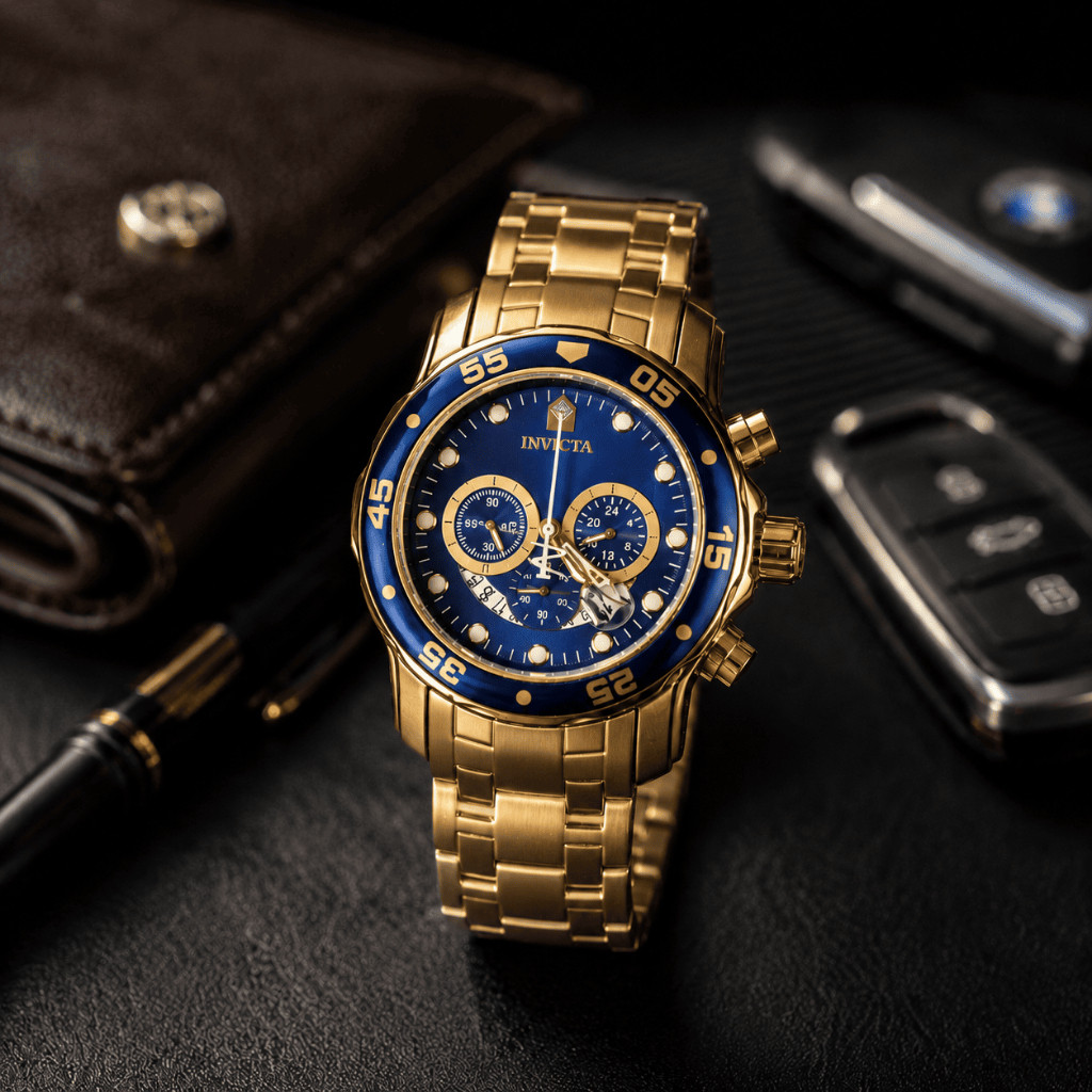 Relógio 100% Funcional  Relógio de Pulso Invicta 100% Funcional Cronógrafo Dourado com Azul - Luxo