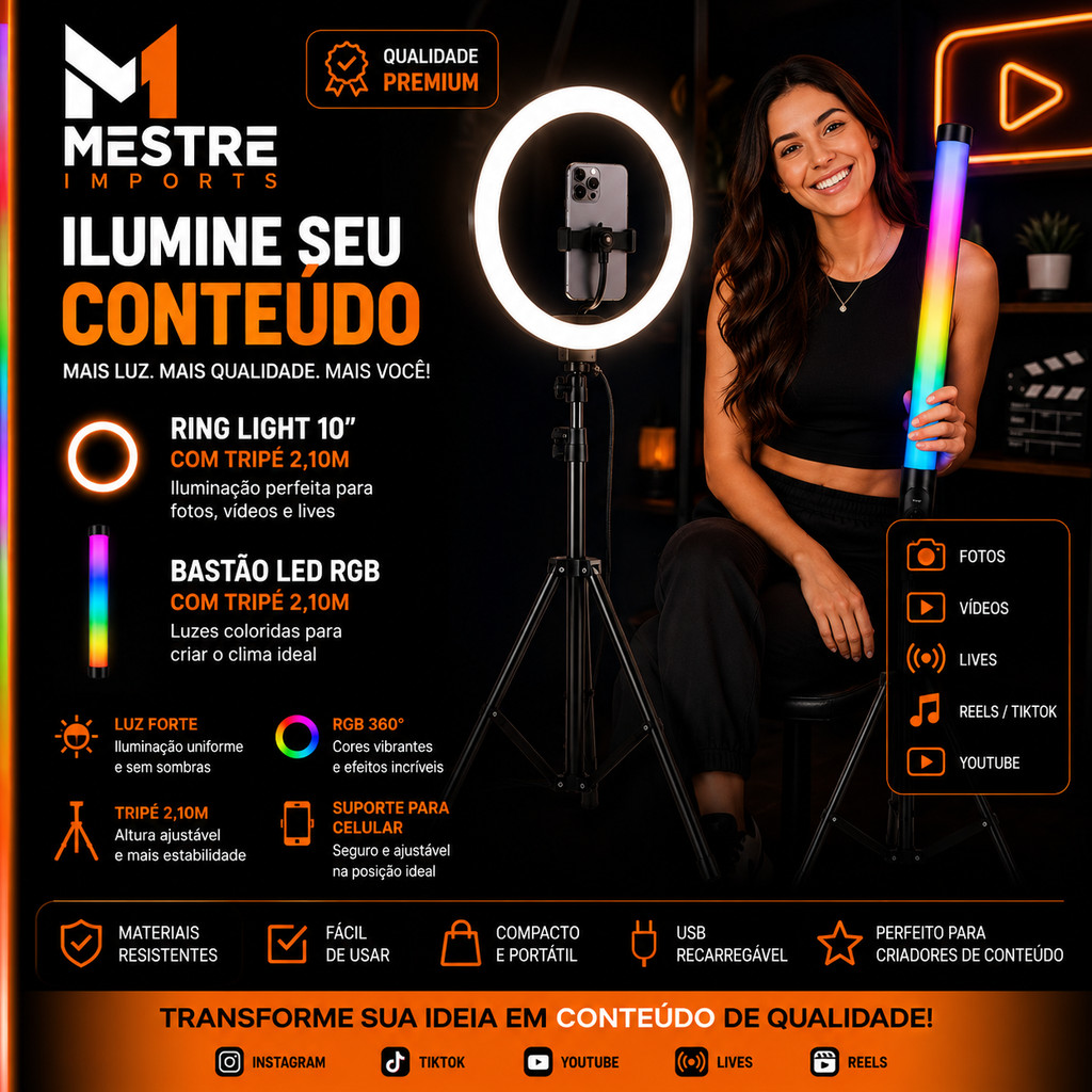 Kit Iluminador Profissional Ring Light 10 Pol + Bastão Luz