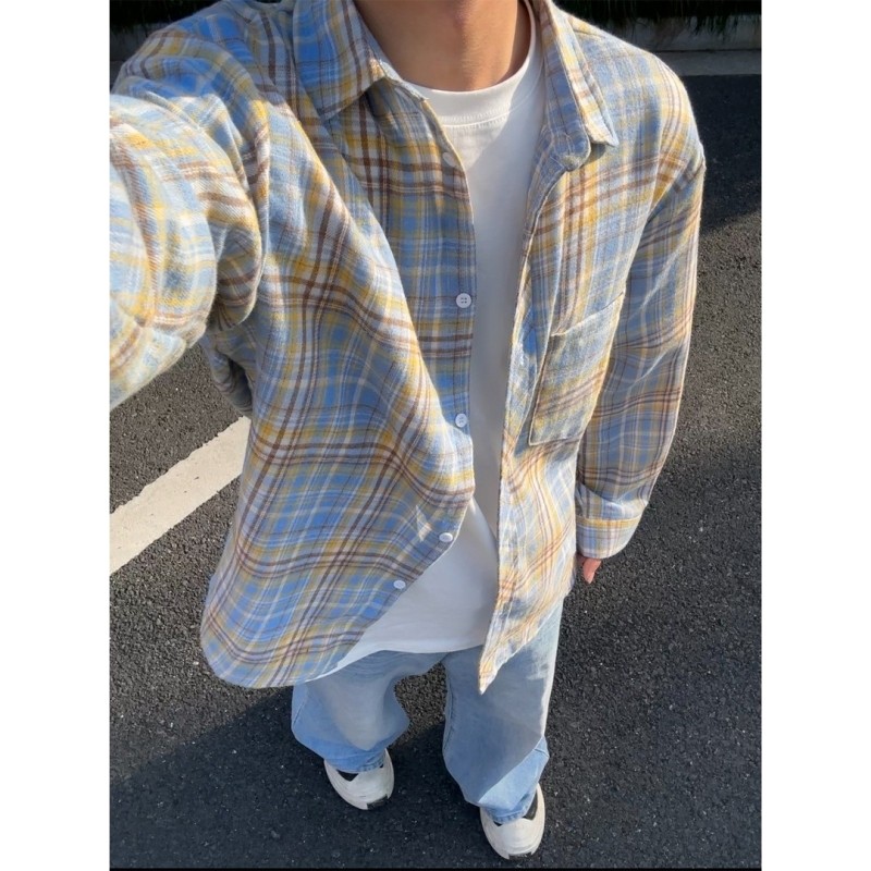 Camisa xadrez azul amarela meninos primavera outono inverno americano Street Wear High-End camisa de manga comprida masc