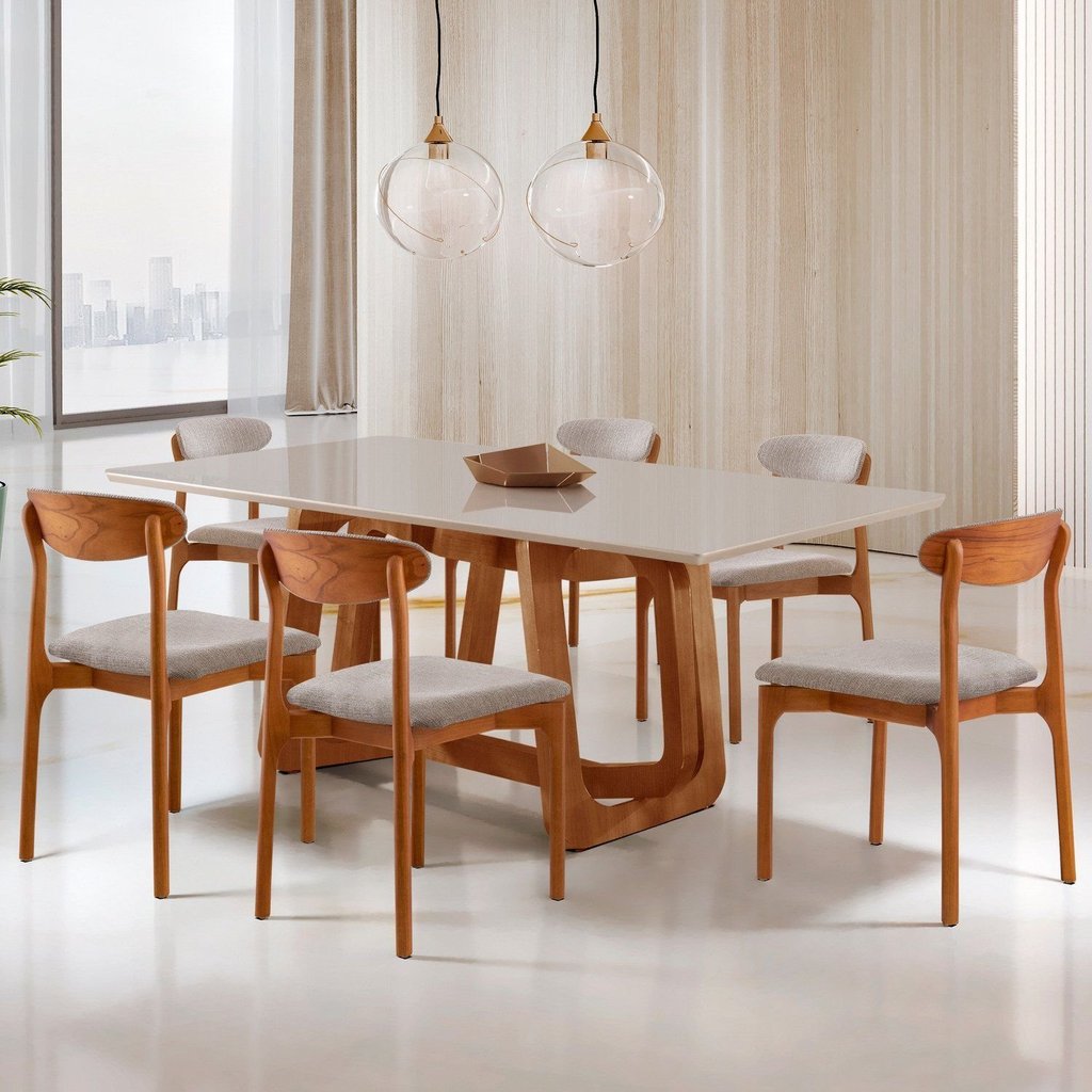 Conjunto Sala de Jantar Mesa Madeira Maciça Genova 6 Cadeiras Monaco Yescasa Brisa Cinamomo Imbuia Off White