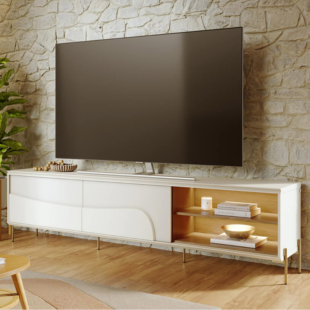 Rack Para Sala de Estar TV 75 Pol Com LED Pés Industrial 216cm Salerno C04 Off White Matte Freijó- Lyam Decor