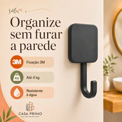 Gancho Cabide Porta Toalha Quadrado P Pendurar Sem Furo Adesivo 3M Preto Fosco Banheiro Casa Primo