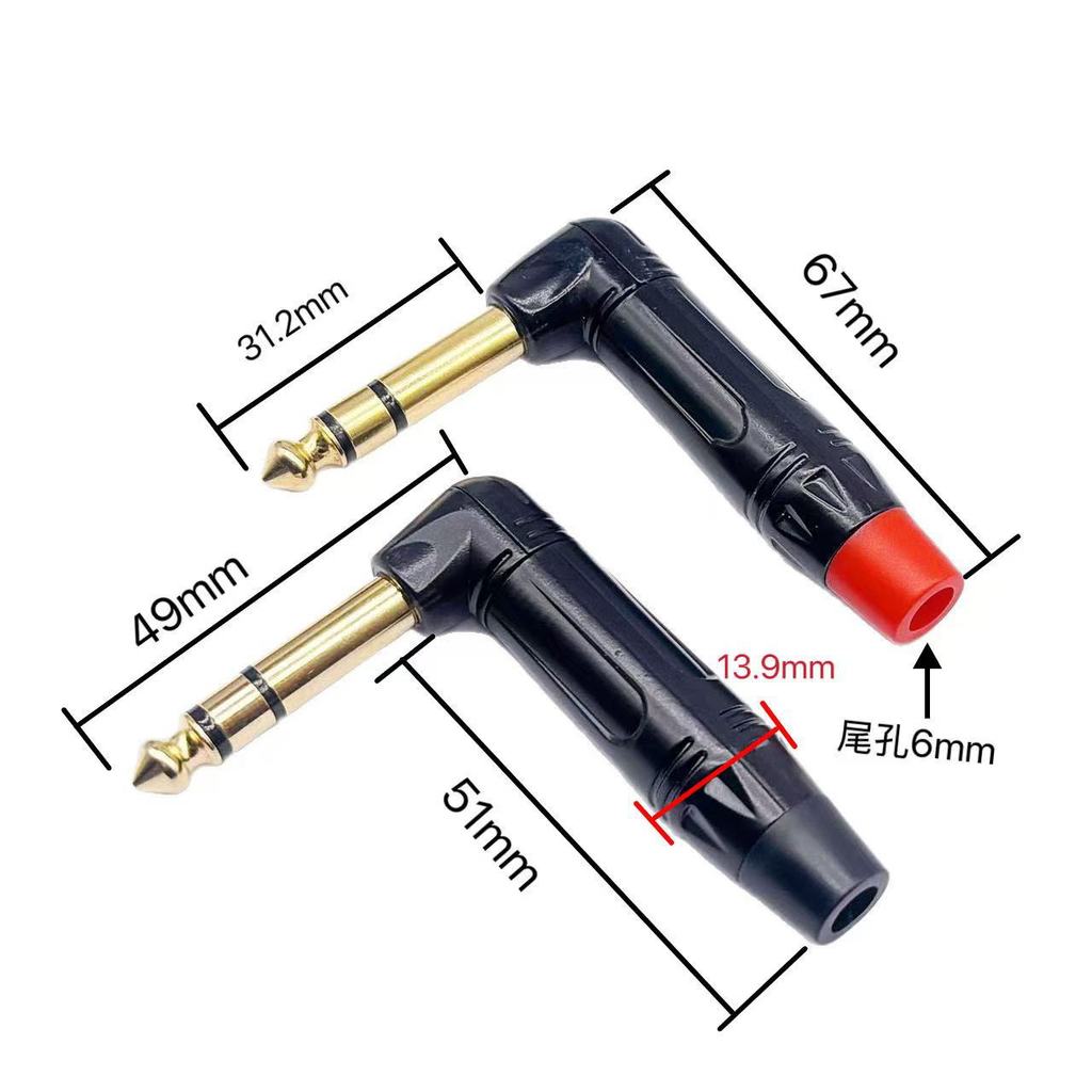 Conector angular de três pinos de 6,35 mm, conector de áudio de canal duplo de 6,5 mm para soldar, plugue de áudio para