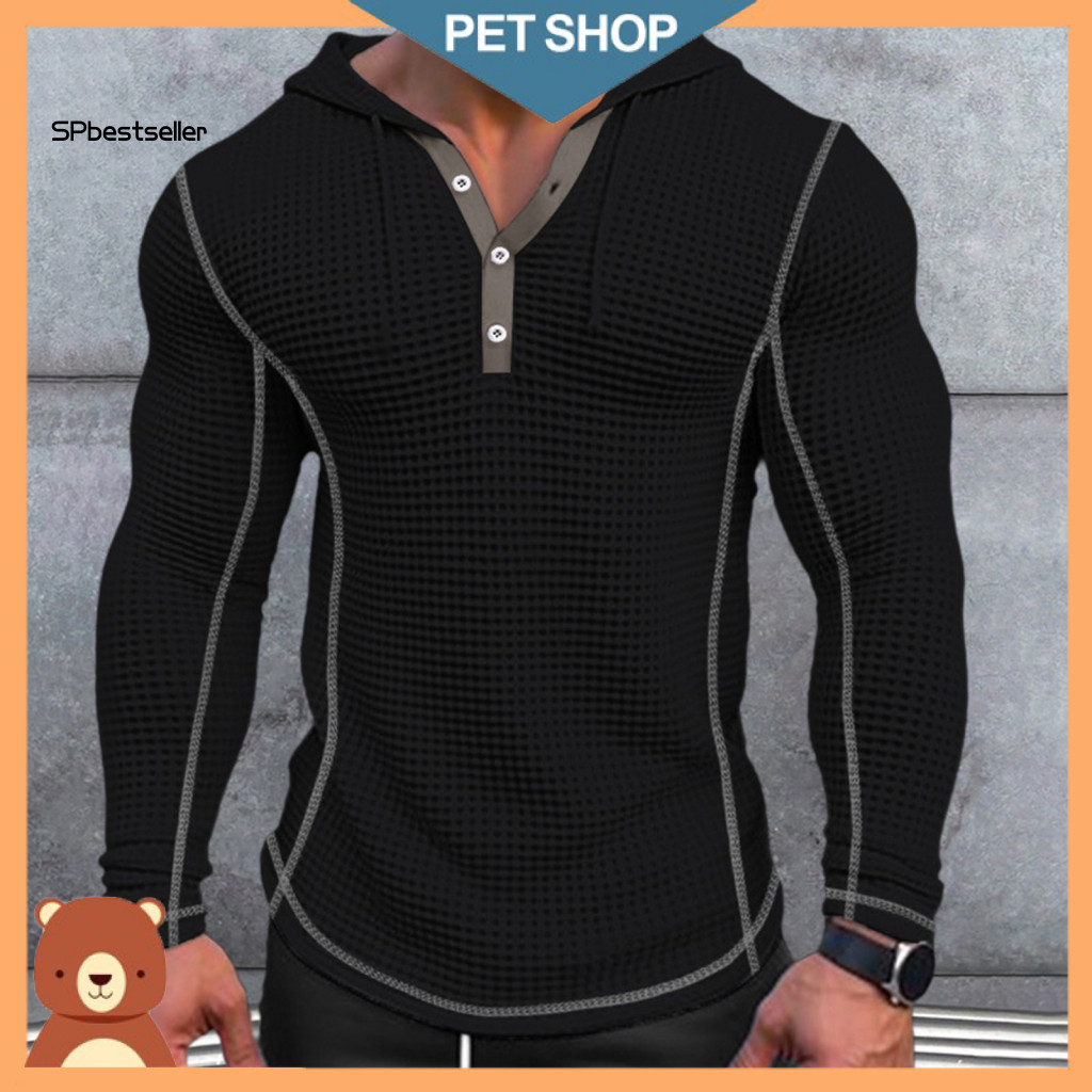 Soft Polyester Hoodie Solid Color Long Sleeve Top Men's Slim Fit Cotton Waffle Breathable Pullover with Button Closure S