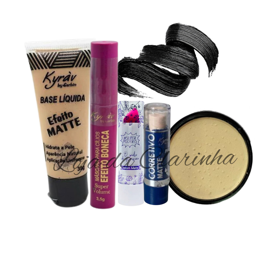 Kit Maquiagem Rímel, Base, Pó, Corretivo e Batom Beleza Skincare 5 itens / Gloss Perfume Body Splash