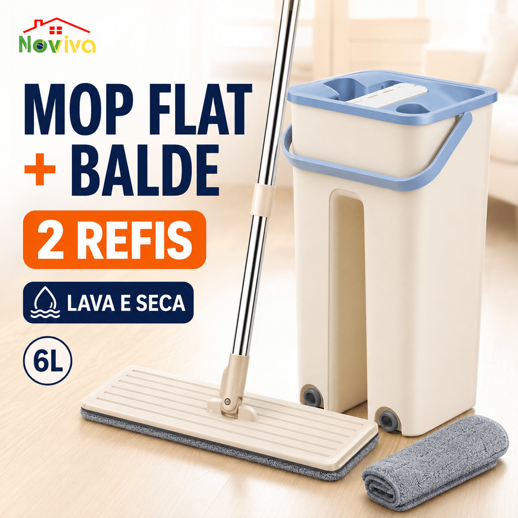 Mop Flat Noviva com Balde Lava e Seca + 2 Refis de Microfibra | Cabo Inox para Limpeza