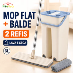 Mop Flat Noviva com Balde Lava e Seca + 2 Refis de Microfibra | Cabo Inox para Limpeza