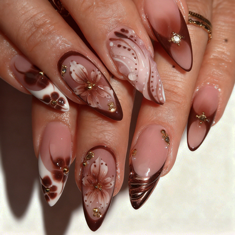Prensa De Amêndoa Para Unhas , 24 Unidades , Falsas Francesas Com Gradiente Marrom Café , Tinta Floral 3D Pintada À Mão