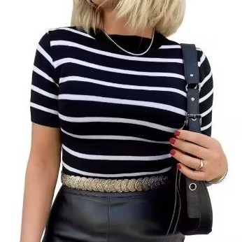 Blusa Feminina Modal Listrada Manga Curta Casual Social | 3245 | Oferta Imperdível