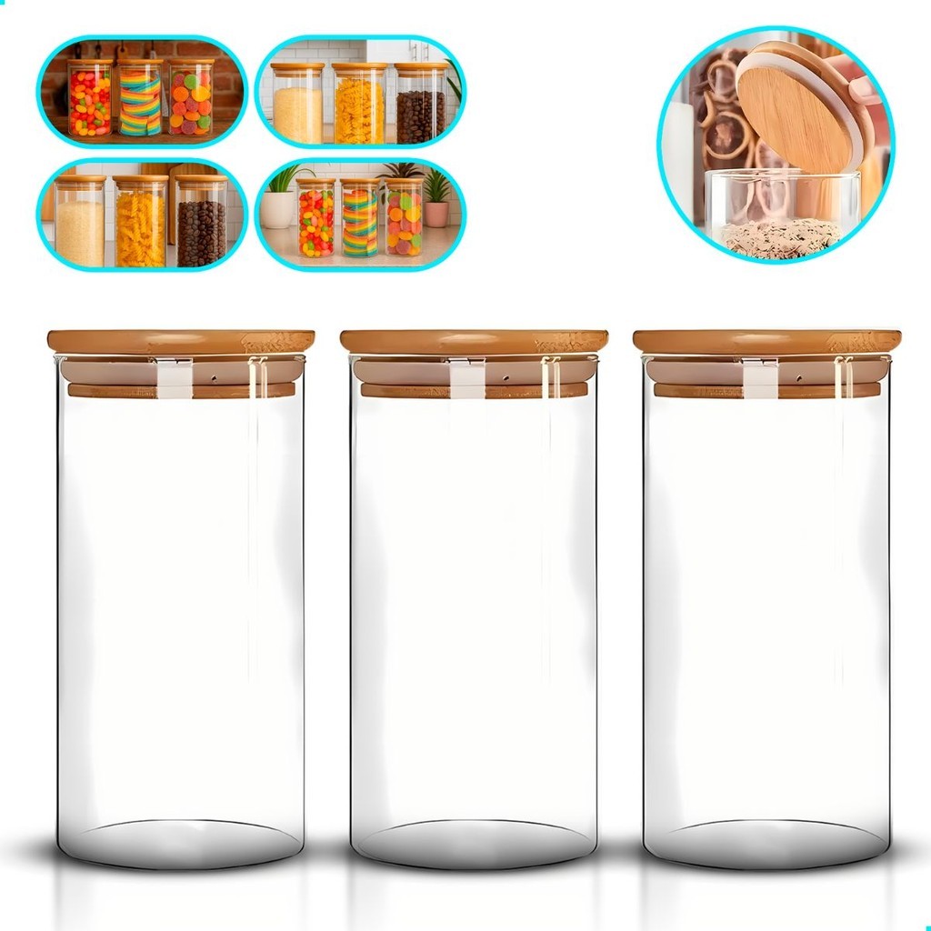 Kit 3 Pote Hermético Vidro Tampa Bambu 1000ml Mantimentos  Transparente