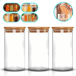 Kit 3 Pote Hermético Vidro Tampa Bambu 1000ml Mantimentos  Transparente