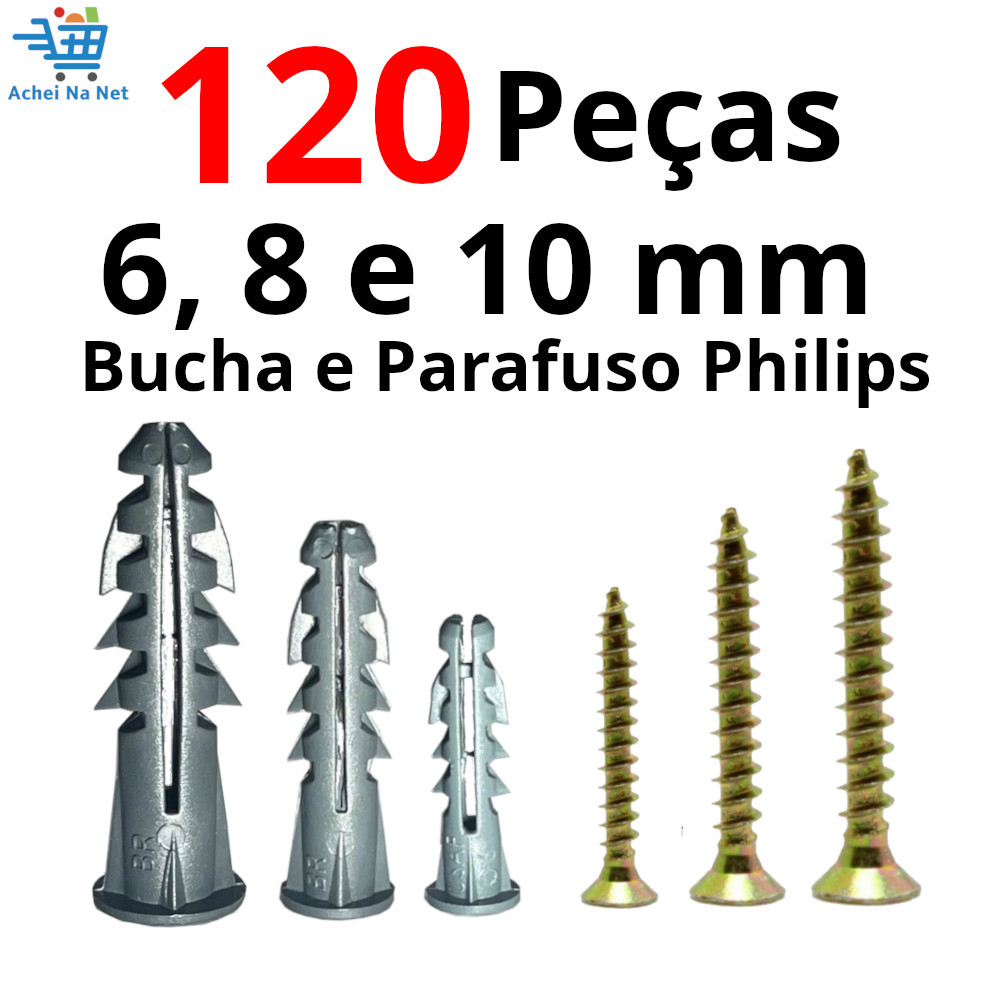 Kit de Parafuso com Bucha com anel / aba 6, 8 e 10 para fixação Parede, Concreto, parafuso philips